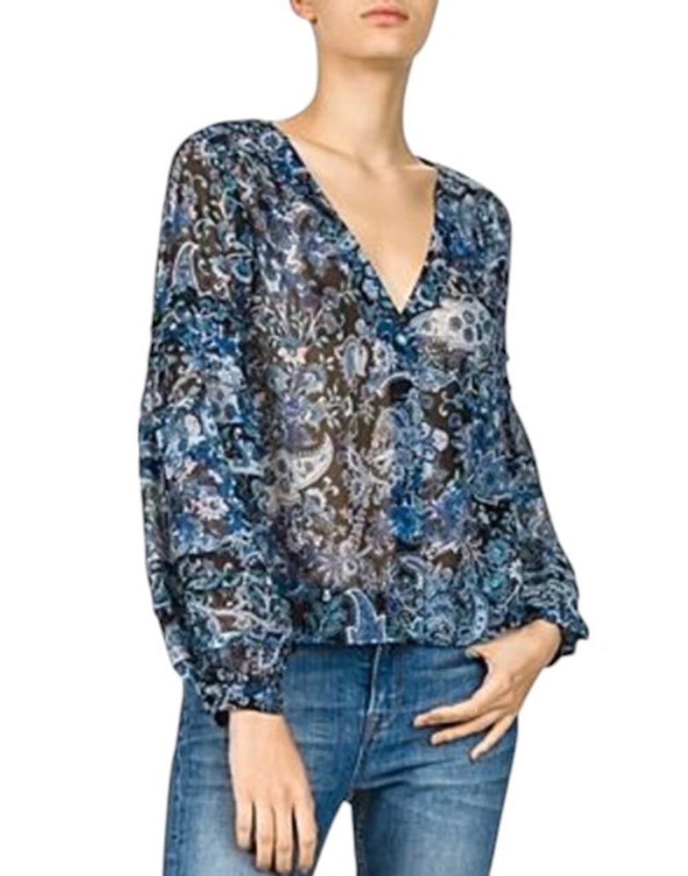 The Kooples Blue Floral Print Button Front Silk Blouse